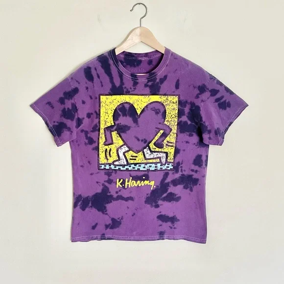 Keith Haring Running Heart Graphic Tie Dye Purple Yellow T Shirt Adult Small - Picture 2 of 9